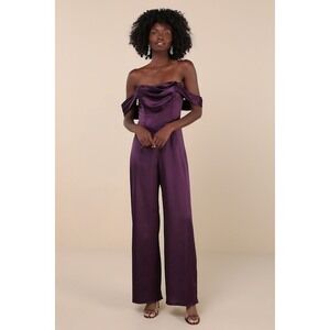 Lulus Unbelievable Aura Dark Purple Satin Off-the-shoulder Jumpsuit - Size M